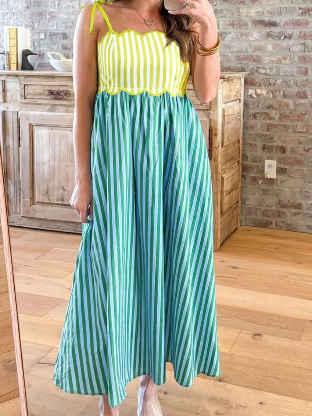 NWT ☀️entro Striped Scalloped Tie Strap A Line Maxi Sundress